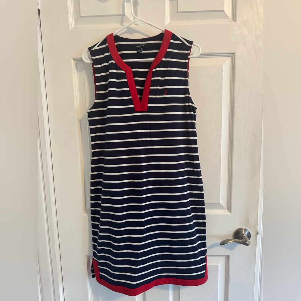 Nautica Women's Striped Navy Dress with Red Trim